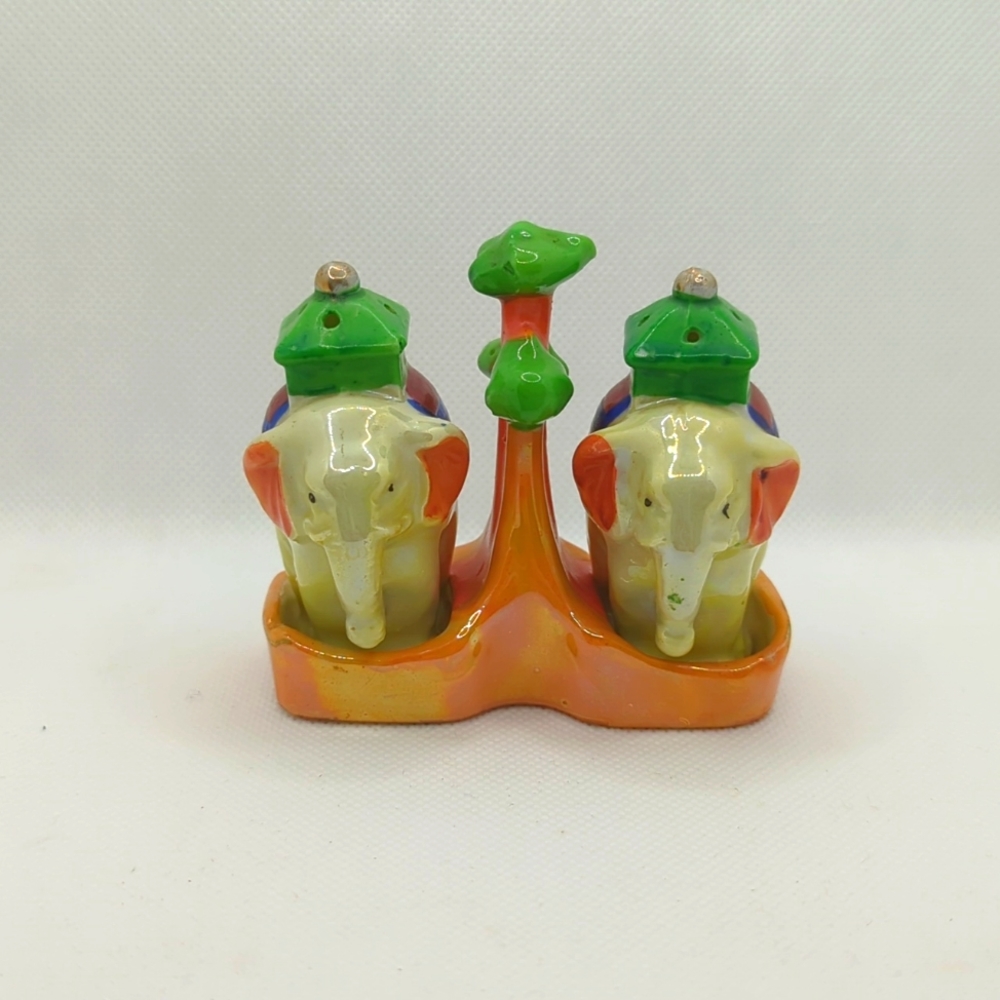 Lusterware Elephant salt and pepper shakers with stand - Vintage